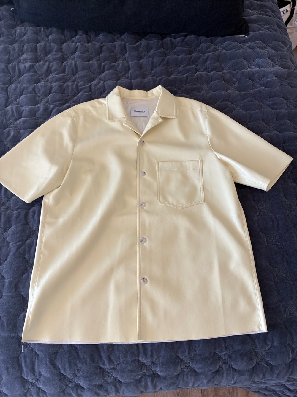 Nanushka Pale Yellow Pleather Short Sleeve Button Shirt